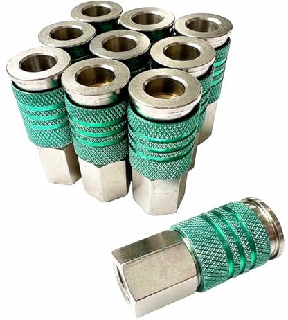 SANFU 1/4-Inch Steel Female Industrial Coupler, Auto-Locked Design, Air Hose Fittings 1/4-Inch Female Threads Quick Connector Air Coupler with Storage Case, 10-Pack(Green) - style: 10PCS Green 1/4" Female Coupler