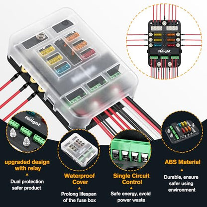Nilight 6 Way Fuse Relay Block with Acc Control Negative Bus 12V Blade Holder ATC/ATO Box Label Stickers Waterproof Cover Panel for Automotive Cars Motorcycle RVs Vans - color: 6Way Fuse Block w/Relay