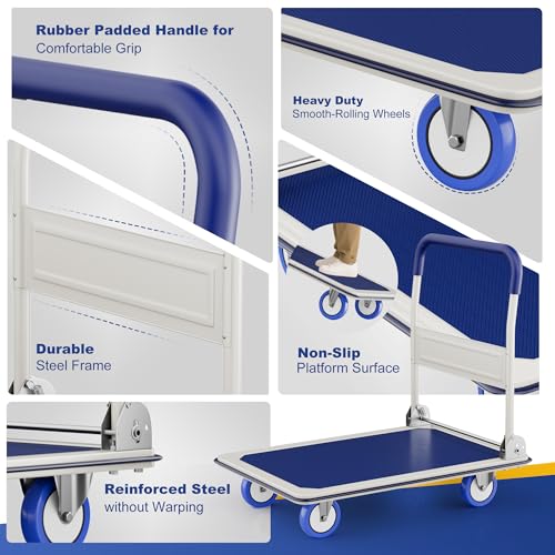 Foldable Push Cart Dolly | 330 lbs. Capacity | Heavy Duty Moving Platform Hand Truck with Swivel Wheels | Small Flatbed Cart | Space Saving Push Handle-Yellow - color: Yellow-330 Lbs. Capacity