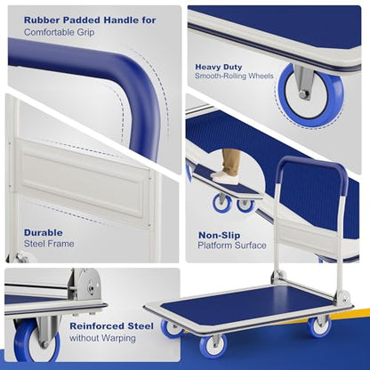 Foldable Push Cart Dolly | 330 lbs. Capacity | Heavy Duty Moving Platform Hand Truck with Swivel Wheels | Small Flatbed Cart | Space Saving Push Handle-Yellow - color: Yellow-330 Lbs. Capacity