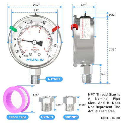 MEANLIN MEASURE -30inHG~60Psi Vacuum Pressure Gauge 316 Stainless Steel Joint 1/4"NPT 2.5"FACE DIAL, Liquid Filled Pressure Gauge WOG Water Oil Air Lower Mount with Stainless Steel Hex Bushing, Snaps - size: -30inHG-60Psi, style: Lower Mount