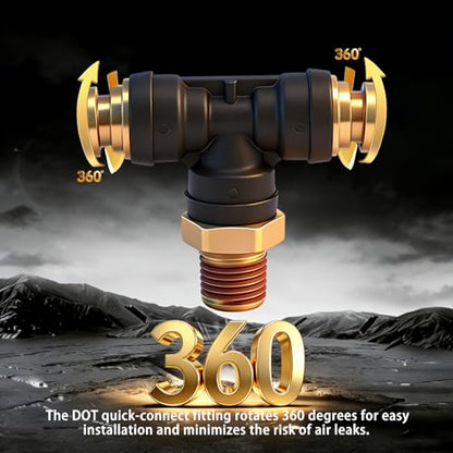 DOT Air Brake Line Tee Fittings, Quick Push to Connect Air Hose Fitting - size: 1/2" OD & 3/8" NPT