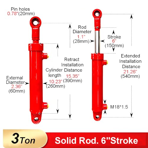 2x6 Hydraulic Cylinder 3 Ton Double Acting Welded Hydraulic Cylinder 2"Bore x 6"Stroke with 3/8" JIC 37°(9/16"-18 Thread) Hydraulic End Connectors Maximum Thrust Force 6613lbs