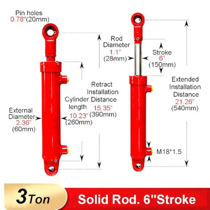 2x6 Hydraulic Cylinder 3 Ton Double Acting Welded Hydraulic Cylinder 2"Bore x 6"Stroke with 3/8" JIC 37°(9/16"-18 Thread) Hydraulic End Connectors Maximum Thrust Force 6613lbs