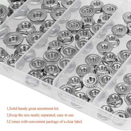 HELIFOUNER 80 Pieces 5 Sizes Flange Nuts, Serrated Flange Hex Lock Nuts Assortment Kit, 304 Stainless Steel (#6-32#8-32#10-24 1/4"-20 5/16"-18) - size: #6-32, #8-32, #10-24, 1/4"-20, 5/16"-18