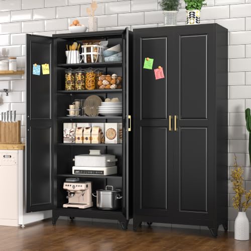 Polup 75" Pantry Cabinet, Tall Metal Storage Cabinet with Doors and Shelves - color: Black, size: 75"H with No Drawers
