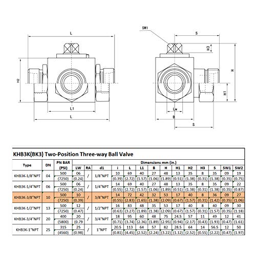 Taixin 3way High Pressure Ball Valve 3/8 inch NPT Female Hydraulic Ball Valve KHB3K L-Bore - size: 3/8 NPT, style: KHB3K