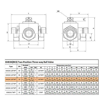 Taixin 3way High Pressure Ball Valve 3/8 inch NPT Female Hydraulic Ball Valve KHB3K L-Bore - size: 3/8 NPT, style: KHB3K