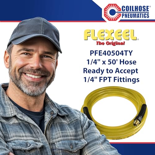 Coilhose Pneumatics PFE40504TY Flexeel Reinforced Polyurethane Air Hose, 1/4-Inch ID, 50-Foot Length with (2) 1/4-Inch MPT Reusable Strain Relief Fittings, Transparent Yellow - color: Transparent Yellow, size: 1/4" X 50 Feet, 1/4" FTG