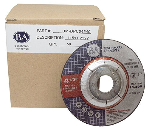 Benchmark Abrasives Grinder Cut Off Wheels 4 1/2 Inch Aluminum Oxide Depressed Center Thin Type 27 for Metals, .040" Thick 7/8" Arbor, Angle Grinder Cutting Disc, Grinding Cutting Wheel - 50 Pack