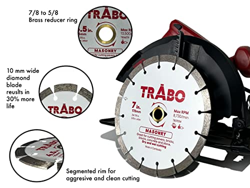 Trabo 4.5 Inch Masonry Segmented Rim Diamond Bond Blade for Cutting Cement, Pavers, Concrete with Rebar, Natural Stone and More, with 7/8 Inch Arbor with 5/8 Inch Reducer Ring - size: 4.5 Inch