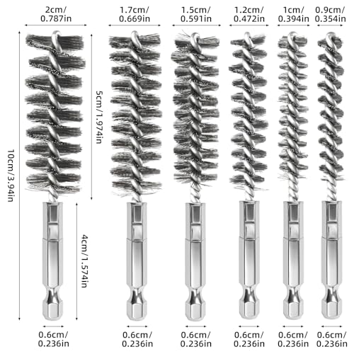 6 PCS Stainless Steel Bore Brush Set, Multiple Sizes (8-19mm), Wire Brush for Drill with 1/4" Hex Shank, Twisted Wire Bristles for Tube Cleaning