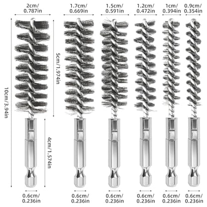 6 PCS Stainless Steel Bore Brush Set, Multiple Sizes (8-19mm), Wire Brush for Drill with 1/4" Hex Shank, Twisted Wire Bristles for Tube Cleaning