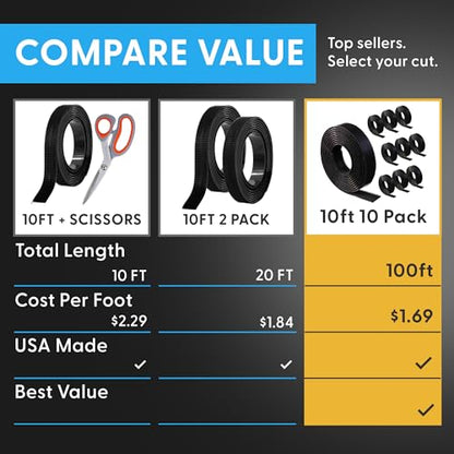 Industrial Strength - 10FT + Scissors Black Indoor/Outdoor Adhesive Mounting Tape - Self Mating Reclosable Fastener Compatible with 3M SJ3550 / SJ3560 Dual Lock - size: 10 FT + SCISSORS, style: Black