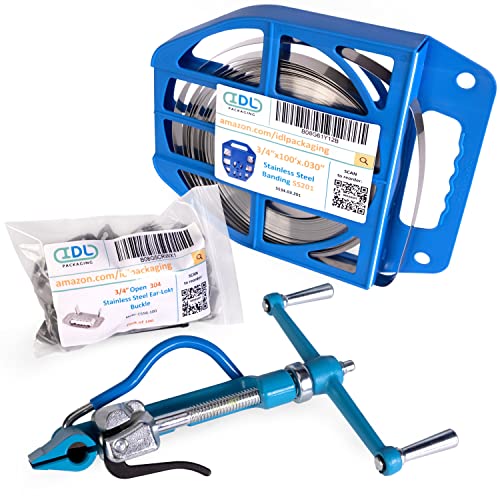 IDL Packaging 3/4" Stainless Steel 201 Banding Kit - Heavy-Duty Banding Tool + 3/4" x 0.03" x 100' Stainless Steel 201 Banding Coil + 100 Stainless Steel Ear-Lokt Buckles - size: 3/4" x 0.03" x 100', style: SS 201 + Ear-Lokt Buckles