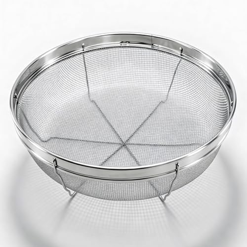 Fine Mesh Strainer for Kitchen, Stainless Steel Colander Bowl for Pasta, Rice, Fruit, Metal Net Baskets with Resting Base - Strain, Drain, Rinse (Diameter 9.84 inch) - color: Flat Shape, size: 9.84 inch