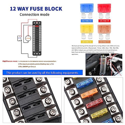 12-Way 12V Fuse Box Blade, 12-Volt Fuseholder, No LED Indicator, Moisture Resistant Cover - with Ground Bus 12-Way Independent Positive Fuseholder for 12V/24V Cars, Car Trucks, Boats, Marine Vehicles - size: 12 Way