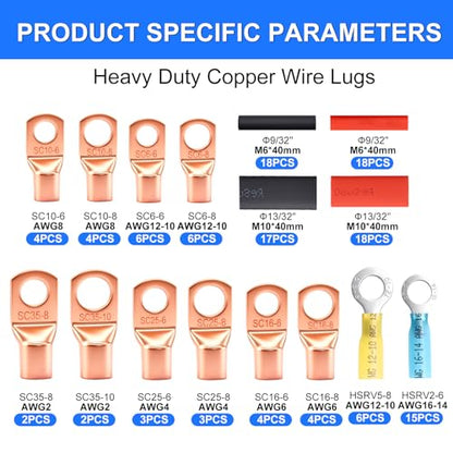 130Pcs Copper Wire Lugs Kit, Battery Terminal Connectors AWG 2 4 6 8 10 12 14 16 Gauge Heavy Duty Battery Cable Ends Ring Terminal Wire Connectors Kit with Heat Shrink Tubing - size: 130Pcs