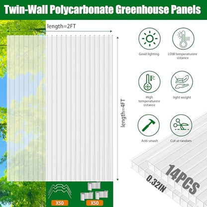 Polycarbonate Greenhouse Panels 14 Pack 4' x 2' x 0.32" Twin-Wall UV-Protected All Weather Plastic Roof Panel Clear Replacement Sheets for Garden Fences, Furniture DIY,Outdoor Roofing - style: 14 Pack 4' x 2' x 0.32"