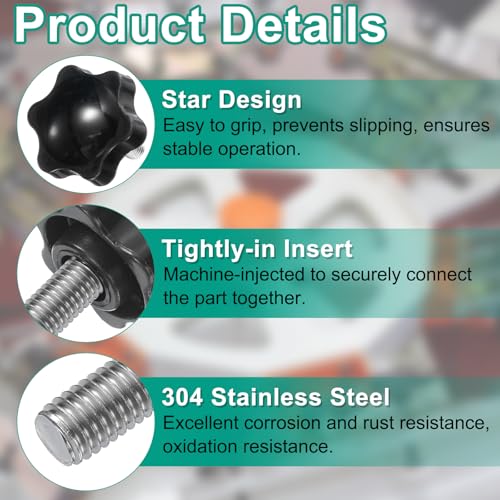 uxcell 8pcs Star Clamping Knobs with Nuts Washers, M8 x 35mm Metric 304 Stainless Steel Male Thread 32mm 6-Star Plastic Head, Threaded Stud Hand Knobs Handles Thumb Screws, Black - size: M8 x 35mm