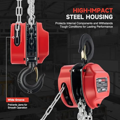 CREWORKS Hand Chain Hoist, 2 Ton 4400 lb Capacity 10 ft Manual Chain Hoist with G80 Load Chain & Double Guide Wheels, Heavy Duty Manual Lever Hoist for Construction Warehouse Automotive Factory - style: Triangle Hand chain hoist, 2 Ton, 10FT