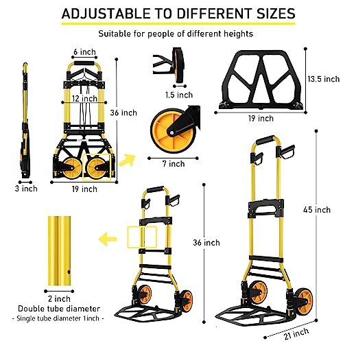 Folding Hand Truck and Dolly, 440lbs Capacity Portable Luggage Dolly Cart with Rubber Wheels and Retractable Handle, Aluminum Foldable Hand Cart for Transportation/Luggage/Mobile/Travel/Office Use - color: Yellow