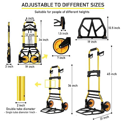 Folding Hand Truck and Dolly, 440lbs Capacity Portable Luggage Dolly Cart with Rubber Wheels and Retractable Handle, Aluminum Foldable Hand Cart for Transportation/Luggage/Mobile/Travel/Office Use - color: Yellow