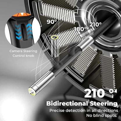 Two-Way Articulating Borescope with Light, 0.24in Industrial Endoscope Inspection Camera, 5-inch IPS Screen 5ft Waterproof Flexible Snake Tube 5000mAh Battery for Car Wall Pipeline Machine Maintenance