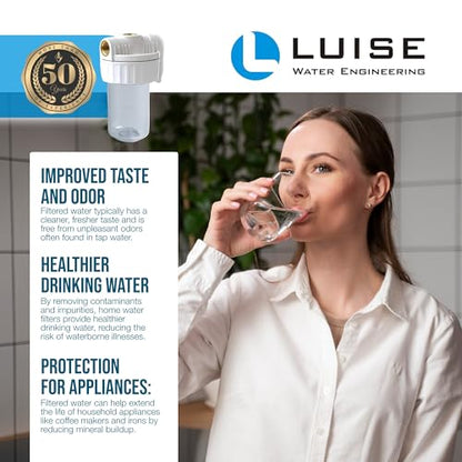 Luise Big 10 Filter Housing L503.1040, 3-Piece Cartridge Water Filter Housing 3/4" Inlet Brass ports Made of Non-Toxic Plastic Material (10"x2.5") with Wrench and Bracket.