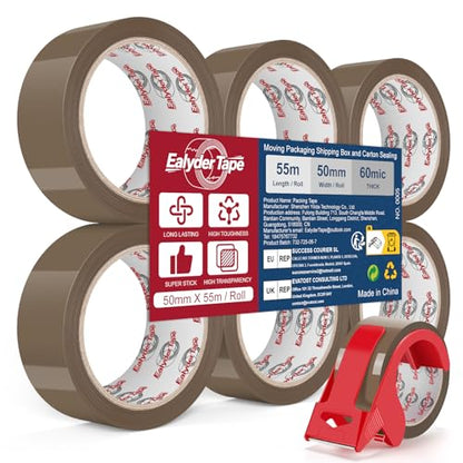 6 Rolls Brown Packing Tape 2" x 60Yd with Dispenser Heavy Duty Tape - size: Brown, 6 Rolls - 2In x 60Yd