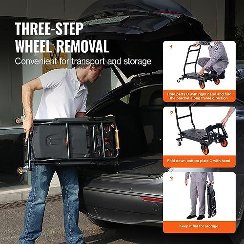 VEVOR Aluminum Folding Hand Truck, 2 in 1 Design 300 Lbs Capacity, Heavy Duty Industrial Collapsible cart, Dolly Cart with Rubber Wheels for Transport and Moving in Warehouse, Supermarket, Garden - size: 300 lbs