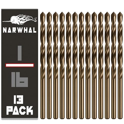 Narwhal 1/16 Inch Cobalt Drill Bits (13 Pack - Industrial Grade M35 Cobalt) 1-3/16" Length & 135 Degree Split Point for Drilling Into Metal, Hardened & Stainless Steel, Cast Iron, & More! - size: 1/16 in