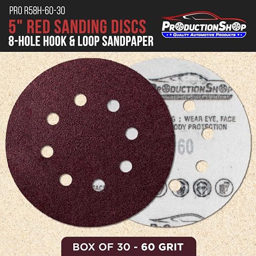 ProductionShop Premium 5" Red 8-Hole Pattern 60 Grit Sanding Discs, Box of 30 - Dustless Hook & Loop Backing Sandpaper for Random Orbital Sanders, Coarse-Cut Abrasive - Woodworking, Sand Auto Paint - style: 60 Grit