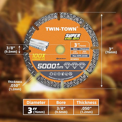 TWIN-TOWN 3 Inch Diamond Cutting Wheel for Metal with 3/8 Inch Arbor-2PCS - style: 3 x 3/8" 2PCS