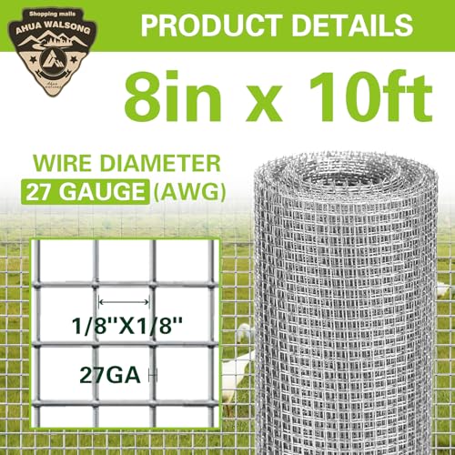 Hardware Cloth 8" x 10', 1/8" 27 Gauge Galvanized Wire Mesh Roll, Welded Metal Screen for Chicken Coops, Poultry Fencing, Animal Cages, Garden Barriers, DIY Craft Projects - size: 1/8" 27ga 8in x 10ft