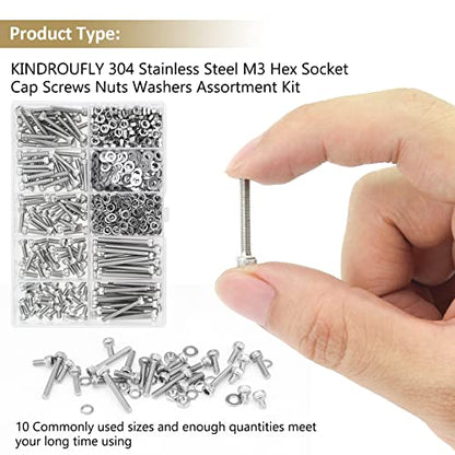 542 Pieces M3 x 6/8 /12/16 /20/25 /30mm Hex Socket Head Cap Screws Nuts Washers Assortment Kit, 304 Stainless Steel, Fully Machine Thread - size: M3, style: Socket Head