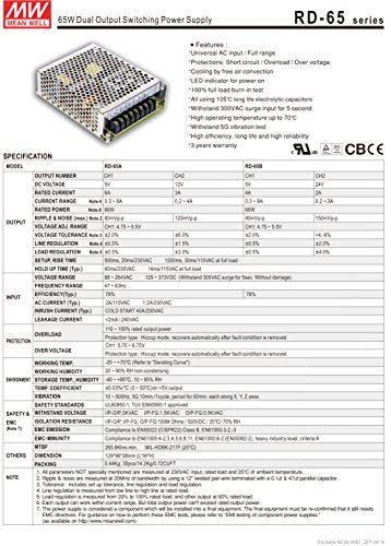 Mean Well RD-65B Enclosed Switching AC-to-DC Power Supply, Dual Output, 5V-24V, 68W, 1.5" H x 3.9" W x 5.1" L