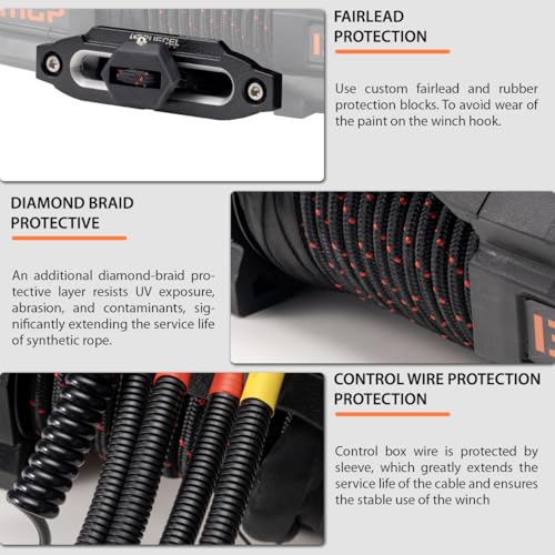 RUGCEL EMCP 13500lb Waterproof Electric Winch – 12V Synthetic Rope with Hawse Fairlead, 2-in-1 Infrared Remote, Auto Clutch & Dual-Color Rope, for Truck/SUV