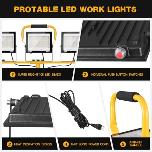 21000Lumen LED Work Lights with Stand, 3Head Portable Work Light 16ft Cord