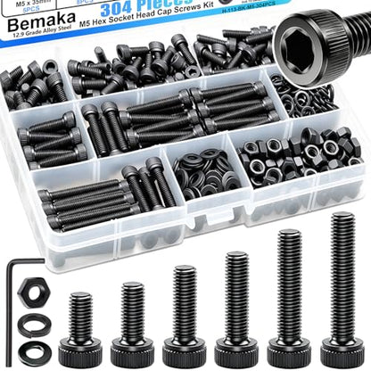 304PCS M5 Screws Kit with Nuts and Washers, M5x8/12/16/20/30/35mm - color: BK-M5 x 8-35mm