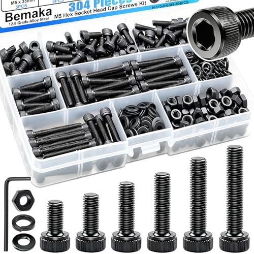 304PCS M5 Screws Kit with Nuts and Washers, M5x8/12/16/20/30/35mm - color: BK-M5 x 8-35mm