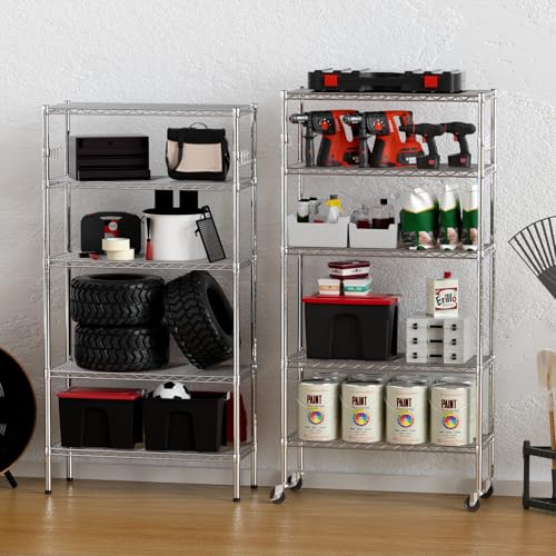 YNN Storage Shelves,1750Lbs 5 Tier Heavy Duty Metal Rolling Shelving Unit with Wheels & 8 Hooks, Adjustable Garage Wire Rack for Kitchen, Bathroom,Industrial,Pantry(36" W x 14" D x 72" H, Chrome) - size: 36"x14"x72" 5-Tier