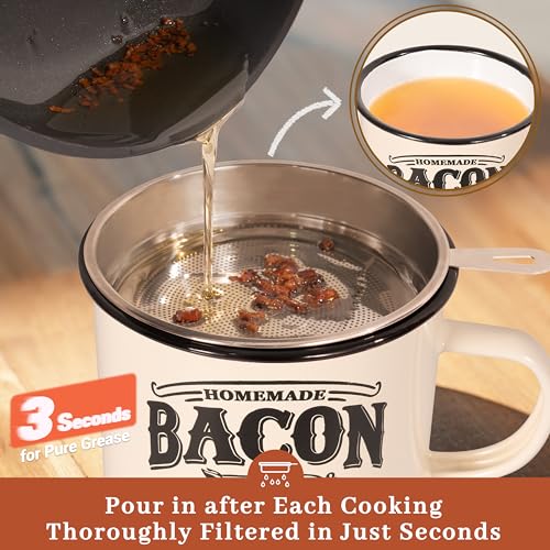Ayerphalo 24oz Enamel Bacon Grease Container with Strainer, Farmhouse Beige - color: Beige, size: 24oz