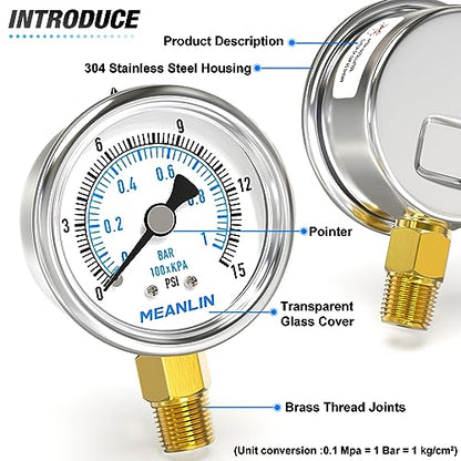 MEANLIN MEASURE 0~15Psi Dry Low Pressure Gauge Stainless Steel 1/4" NPT 2" FACE DIAL Waterproof for Water Oil Air Well Pump Tank Tire Pressure Test Lower Mount, with 1/2" NPT and 3/8" NPT Hex Bushing - size: 0-15Psi