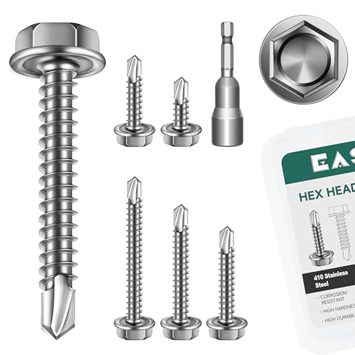 110Pcs #8 Self Tapping Screws for Metal, 410 Stainless Steel Hex Head Sheet Metal Screws, 1/2" 3/4" 1" 1-1/4" 1-1/2" Self Drilling Screw with Drill Bit - color: Silver, size: #8 x 1/2"-1-1/2"
