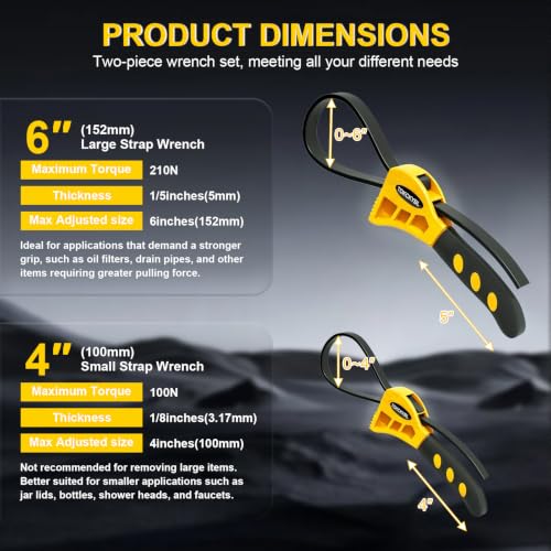 2-Piece Heavy-Duty Strap Wrench Set Upgrade, 4" to 6" Diameter - color: Yellow