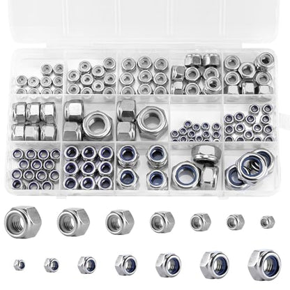 135 Pack 304 Stainless Steel A2-70 Nylon Insert Lock Nuts, SAE & Metric - color: Silver, size: Metric&SAE
