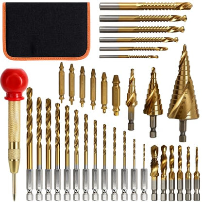 35 PCS Drill Bits Set, 3 Step Drill Bits, 13 Twist Drill Bits, 6 Taps(M3-M10) and 6 Screw Extractors, High Speed Steel Drill Bit Kit Titanium Coated Bits for Plastic Wood Metal, with Storage Bag