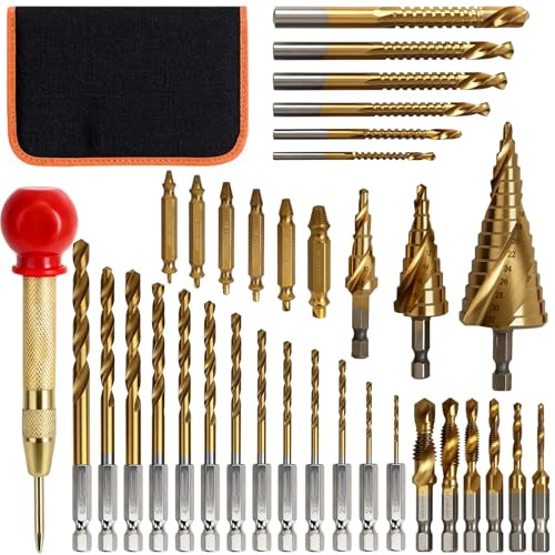 35 PCS Drill Bits Set, 3 Step Drill Bits, 13 Twist Drill Bits, 6 Taps(M3-M10) and 6 Screw Extractors, High Speed Steel Drill Bit Kit Titanium Coated Bits for Plastic Wood Metal, with Storage Bag