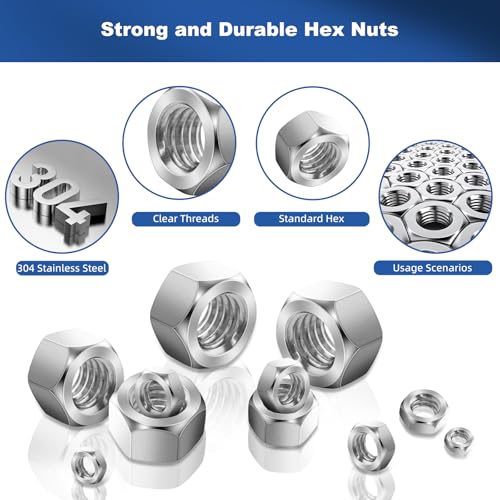 240pcs SAE Hex Nuts Assortment Kit, 4#-40 6#-32 8#-32 10#-24 10#-32 1/4"-20 5/16"-18 3/8"-16 1/2"-13, 304 Stainless Steel 18-8, Hex Hexagonal Nuts, External Hex Nut Set - size: SAE Kit: 2#-56 to 1/2-13